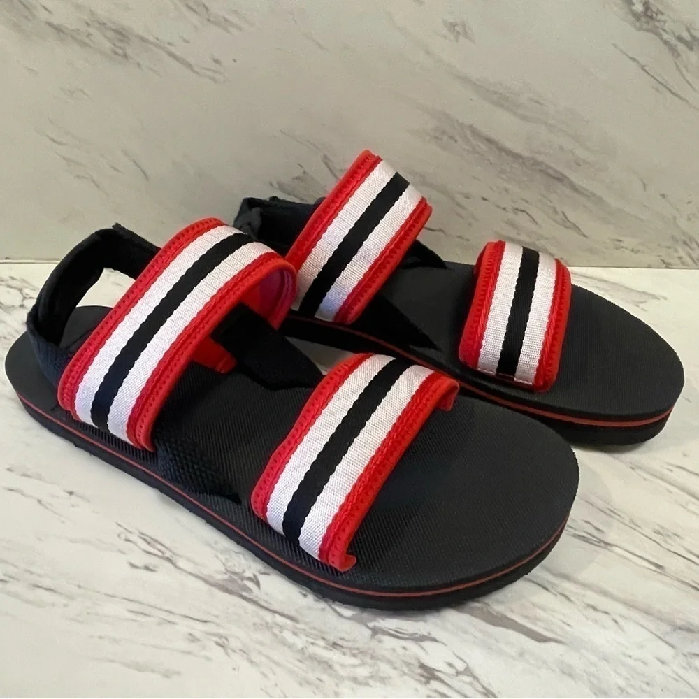 Hunter Original Beach Sandal Strap Hook Loop Red Black White Stripe Sz UK 10